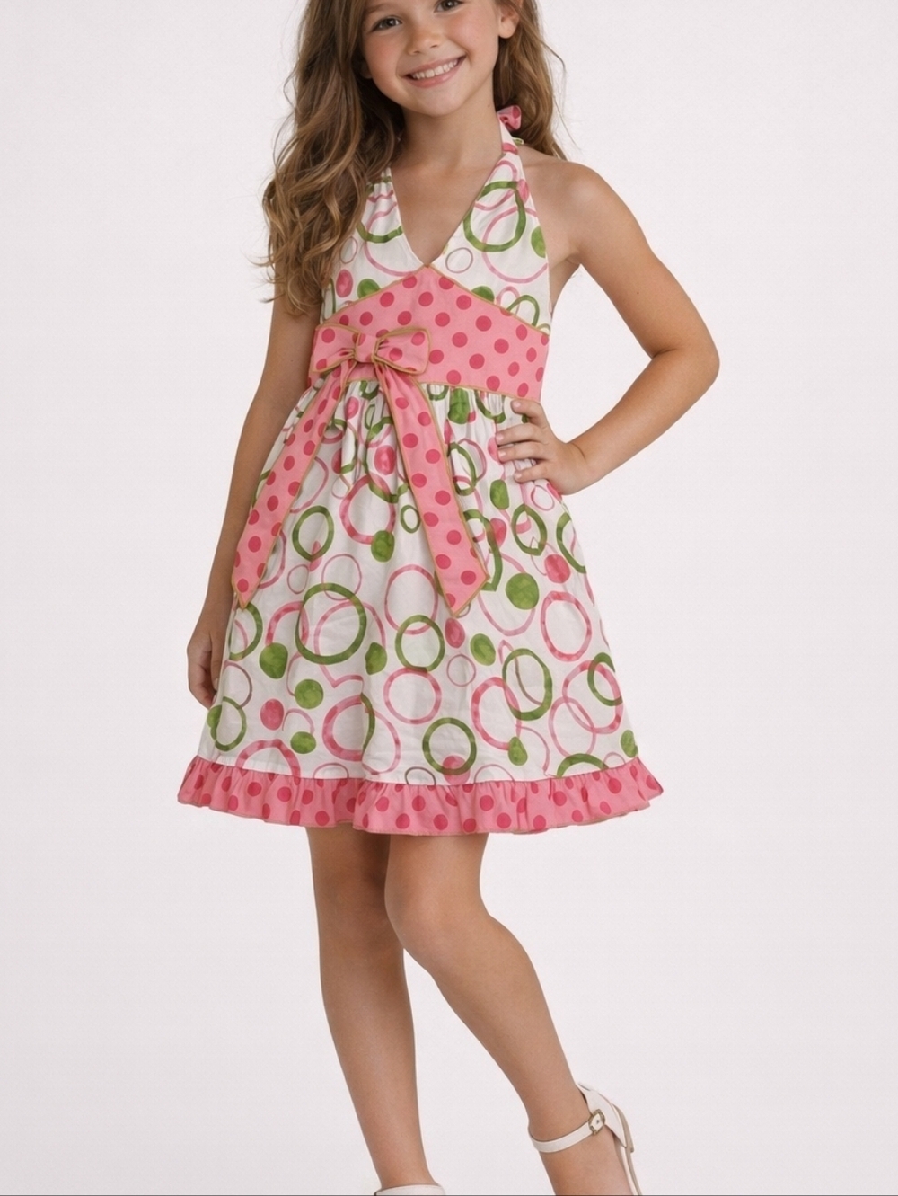 3/$30 ANN LOREN Pink and Green Bubble Ruffle Smock Halter Polka Dot Bow Dress